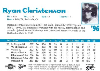 1999 Multi-Ad West Michigan Whitecaps 5th Anniversary #NNO Ryan Christenson Back