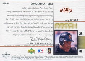 2002 Upper Deck - Signed Game-Worn Patches: Patch Numbers #SPN-BB Barry Bonds Back
