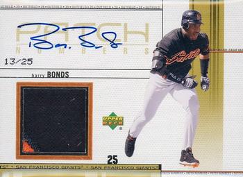 2002 Upper Deck - Signed Game-Worn Patches: Patch Numbers #SPN-BB Barry Bonds Front