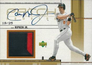 2002 Upper Deck - Signed Game-Worn Patches: Patch Numbers #SPN-CR Cal Ripken Jr. Front