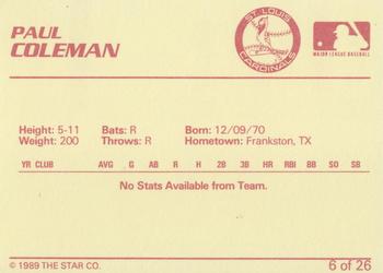 1989 Star Johnson City Cardinals - Platinum #6 Paul Coleman Back
