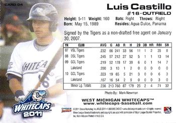 2011 Choice West Michigan Whitecaps #04 Luis Castillo Back