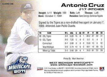 2011 Choice West Michigan Whitecaps #06 Antonio Cruz Back
