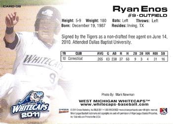 2011 Choice West Michigan Whitecaps #08 Ryan Enos Back