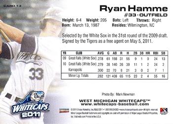 2011 Choice West Michigan Whitecaps #13 Ryan Hamme Back