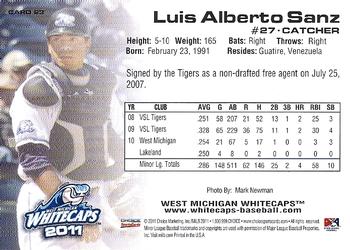 2011 Choice West Michigan Whitecaps #23 Luis Alberto Sanz Back