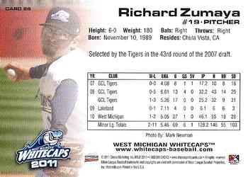 2011 Choice West Michigan Whitecaps #26 Richard Zumaya Back