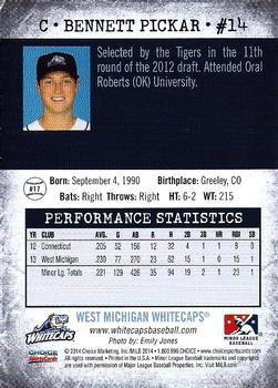 2014 Choice West Michigan Whitecaps #17 Bennett Pickar Back