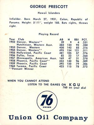 1961 Union Oil Hawaii Islanders #NNO George Prescott Back