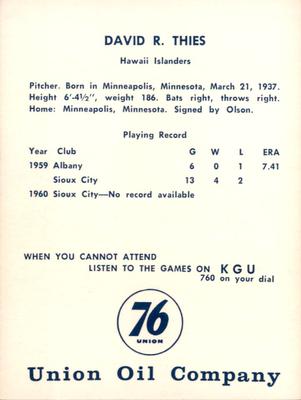 1961 Union Oil Hawaii Islanders #NNO Dave Thies Back