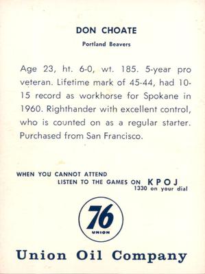 1961 Union Oil Portland Beavers #NNO Don Choate Back