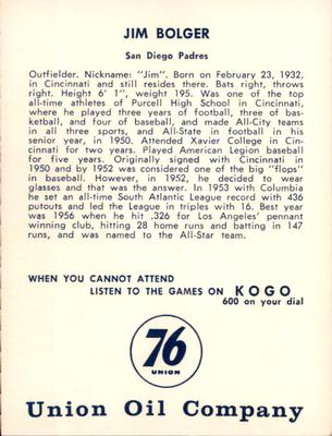 1961 Union Oil San Diego Padres #NNO Jim Bolger Back