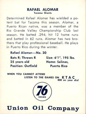 1961 Union Oil Tacoma Giants #NNO Rafael Alomar Back