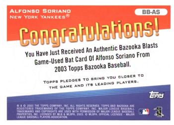 2003 Bazooka - Blasts Relics #BB-AS Alfonso Soriano  Back