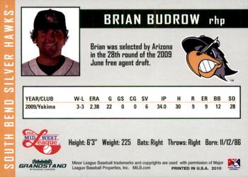 2010 Grandstand South Bend Silver Hawks #NNO Brian Budrow Back