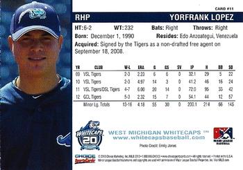 2013 Choice West Michigan Whitecaps #11 Yorfrank Lopez Back