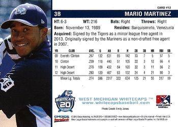 2013 Choice West Michigan Whitecaps #12 Mario Martinez Back