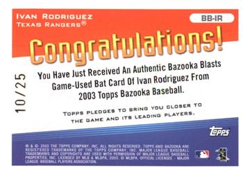 2003 Bazooka - Blasts Relics Parallel 25 #BB-IR Ivan Rodriguez Back