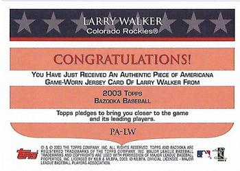2003 Bazooka - Piece of Americana Relics #PA-LW Larry Walker  Back