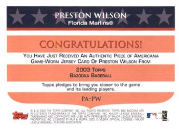 2003 Bazooka - Piece of Americana Relics #PA-PW Preston Wilson Back