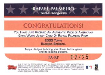 2003 Bazooka - Piece of Americana Relics Parallel 25 #PA-RP Rafael Palmeiro Back