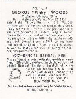 1987 Card Collectors 1949 Bowman PCL Reprint #4 George Woods Back