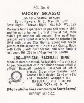 1987 Card Collectors 1949 Bowman PCL Reprint #6 Mickey Grasso Back