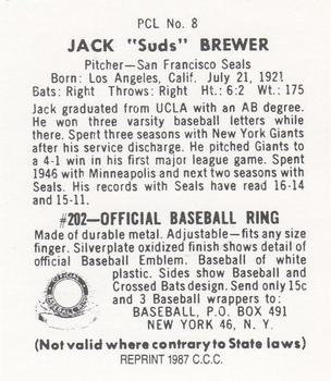 1987 Card Collectors 1949 Bowman PCL Reprint #8 Jack Brewer Back