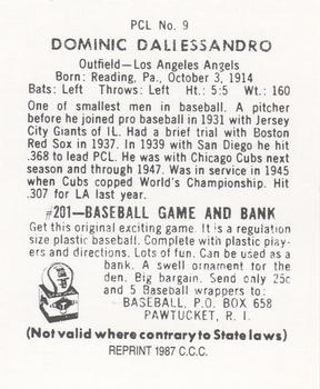 1987 Card Collectors 1949 Bowman PCL Reprint #9 Dom Dallessandro Back