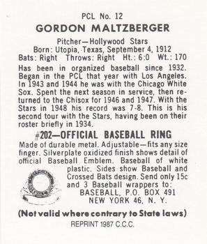 1987 Card Collectors 1949 Bowman PCL Reprint #12 Gordon Maltzberger Back