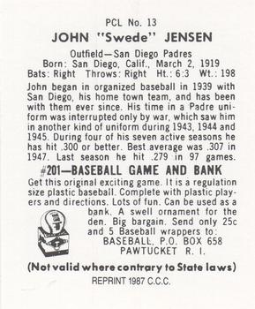 1987 Card Collectors 1949 Bowman PCL Reprint #13 John Jensen Back