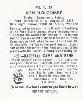 1987 Card Collectors 1949 Bowman PCL Reprint #19 Ken Holcombe Back