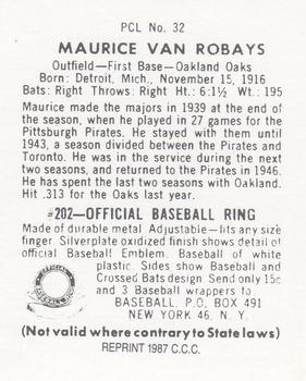 1987 Card Collectors 1949 Bowman PCL Reprint #32 Maurice Van Robays Back