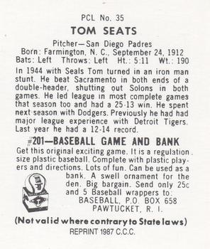 1987 Card Collectors 1949 Bowman PCL Reprint #35 Tom Seats Back