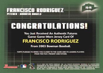 2003 Bowman - Futures Game Jerseys #FG-FR Francisco Rodriguez Back