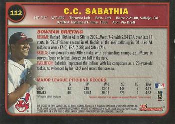 2003 Bowman - Gold #112 C.C. Sabathia Back