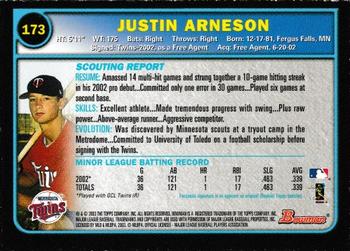 2003 Bowman - Gold #173 Justin Arneson Back