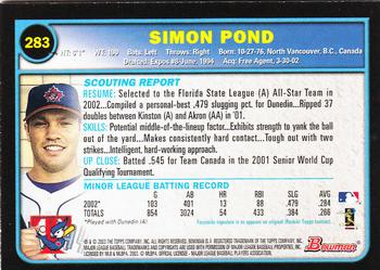 2003 Bowman - Gold #283 Simon Pond Back