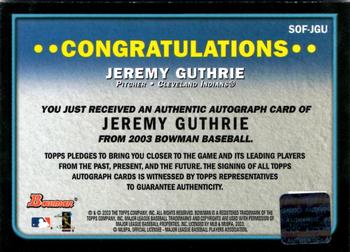 2003 Bowman - Signs of the Future #SOF-JGU Jeremy Guthrie Back