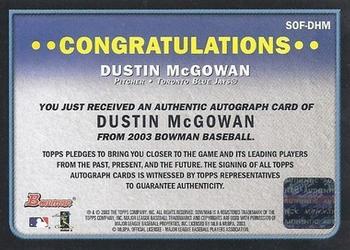 2003 Bowman - Signs of the Future #SOF-DHM Dustin McGowan Back