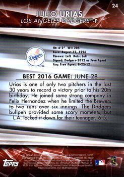 2016 Bowman's Best - Blue Refractor #24 Julio Urias Back