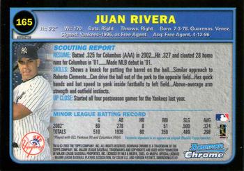 2003 Bowman Chrome - Refractors #165 Juan Rivera Back