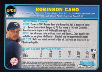 2003 Bowman Draft Picks & Prospects - Chrome Refractors #BDP124 Robinson Cano Back