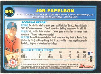 2003 Bowman Draft Picks & Prospects - Gold #BDP51 Jon Papelbon Back