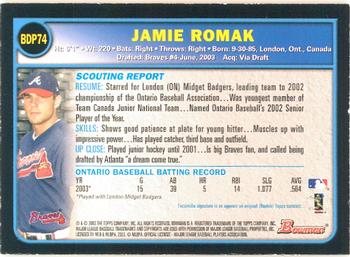 2003 Bowman Draft Picks & Prospects - Gold #BDP74 Jamie Romak Back