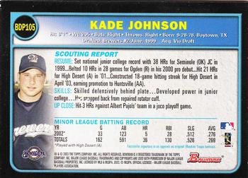 2003 Bowman Draft Picks & Prospects - Gold #BDP105 Kade Johnson Back