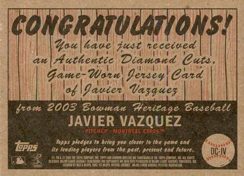 2003 Bowman Heritage - Diamond Cuts Red Relics #DC-JV Javier Vazquez Back