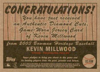 2003 Bowman Heritage - Diamond Cuts Red Relics #DC-KM Kevin Millwood Back