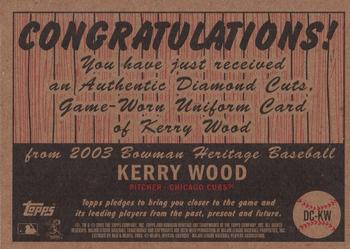 2003 Bowman Heritage - Diamond Cuts Red Relics #DC-KW Kerry Wood Back