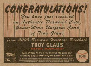 2003 Bowman Heritage - Diamond Cuts Red Relics #DC-TG Troy Glaus Back